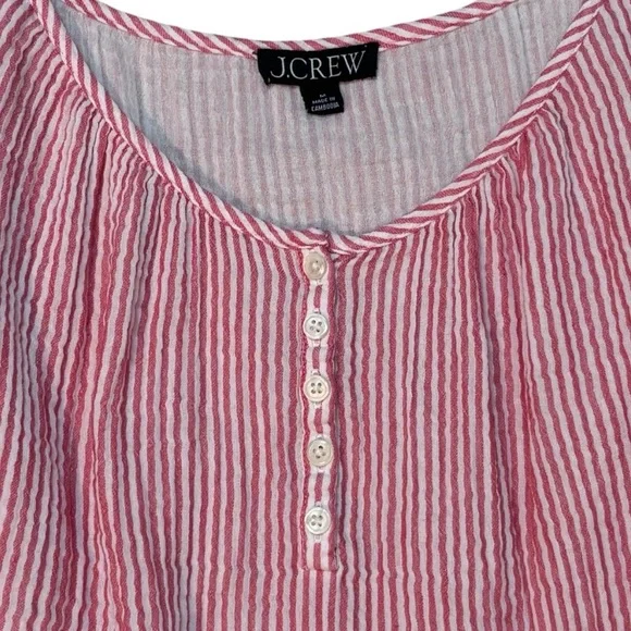 J Crew Puff Sleeve Henley Top Striped Gauze Cotton Red/White Sz M Like New - Picture 7 of 8